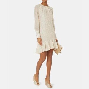 Derek Lam White & Gold Lurex Asymmetrical Ruffle Hem Cream Long Sleeve Dress